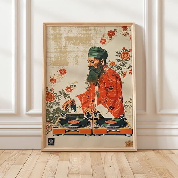 Vintage Dj Retro Turntable Floral Oriental Illustration Music Lover Eclectic Studio Poster Unframed Paper Print