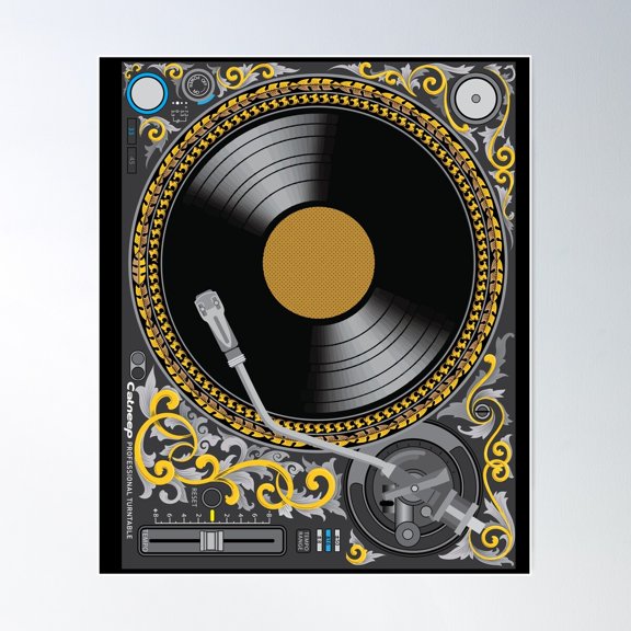 Vintage Dj Turntable With Floral Scrolls Ornament Poster Wall Art, Modern Wall Decor For Living Room Bedroom, 24x36 UNFRAMED