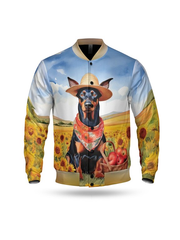 Vintage Doberman Pinscher Says Hello Mother's Day Summer Sunflower Field All Over Print 3D Baseball Jacket Doberman Dog Lover Gifts Bomber Jacket Softball - 12005