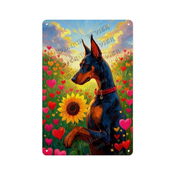 Vintage Doberman with Sunflower Tin Sign, Rustic Farmhouse Dog Wall Decor, 8x12 Inch Aluminum Metal Sign for Home Garden Kitchen Porch, Retro Dog Lover Gift for Birthday, Mother’s Day
