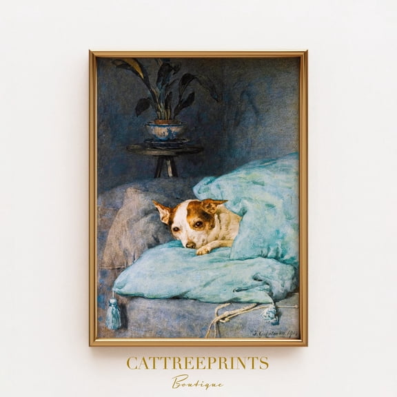 Vintage Dog Art Cozy Pet In Bed Domestic Animal Poster , Poster Print Only