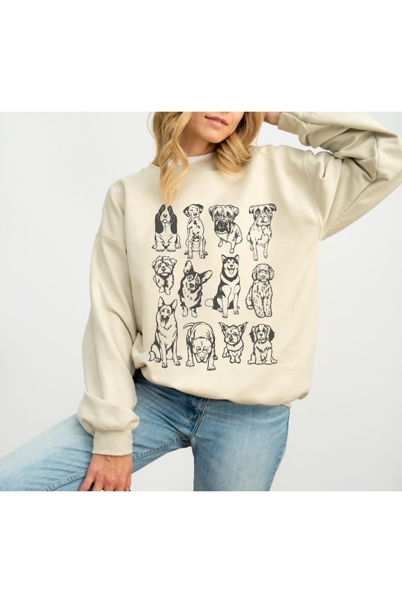 Vintage Dog Breeds Graphic Sweatshirt, Cute Dog Mom Crewneck, Retro Dog Owner Sweater, for Dog Lover Person, Womens Oversized Clothing Tshirt All Size S-5XL