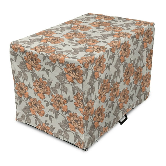 Vintage Dog Crate Cover, Floral Nostalgia with Peony Flowers, Easy to Use Pet Kennel Cover Small Dogs Puppies Kittens, 7 Sizes, Dark Peach Grey Yellow, by Ambesonne