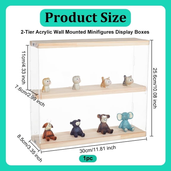 2 Layer Acrylic Minifigures Display Case 11.8x3.3x10 Inch Wall Mounted Acrylic Display Case Dustproof Organizer Box with Wood Base Countertop Display Case Showcase for Figures Collectibles