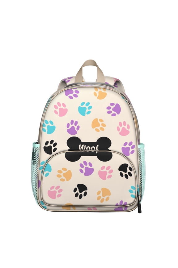 Vintage Dog Illustration Student Backpack – Playful Puppy Paw Print with Bone and Tail Cartoon Design, Artistic Watercolor Style for School
