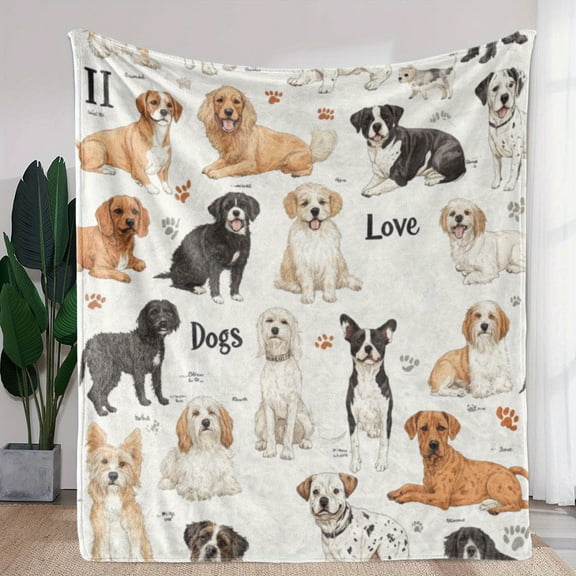 Vintage Dog Pattern Flannel Blanket - Includes Illustrations of 12 Dog Breeds and Paw Prints, Comfortable Gift for Dog Lovers, Fun Design, Soft Touch