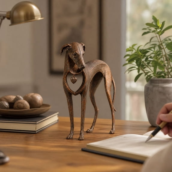 Vintage Dog Sculpture with Hanging Heart Charm, Antique Patina Resin Art Piece with Delicate Heart Detail for Adding Warmth to Any Space