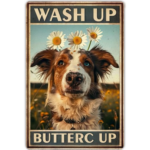 Vintage Dog Tin Sign Funny Bathroom Signs Wash Up Buttercup Metal Poster Retro Plaque Wall Decor Gift For Garden Men Cave Garage Classroom Library Living Room Cinema 12x16 Inch