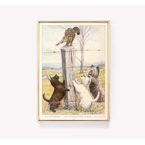 Vintage Dog Wall Art Terrier Cat Playful Pets Art