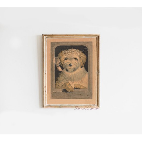 Vintage Dog with a Pipe Print Neutral Pastel Drawing Quirky Boys Room Decor, Stretched Canvas 8x10in