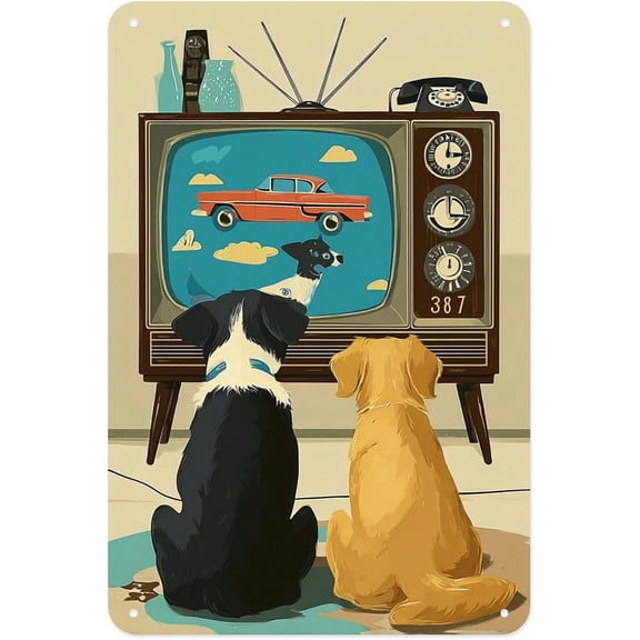 Vintage Dogs Watching TV 1950s Retro Classic Car Metal Sign Print Aesthetic Room Decoration for Home Bedroom Kitchen Bar Dorm Bathroom Wall Decor 8 X 12 Inch