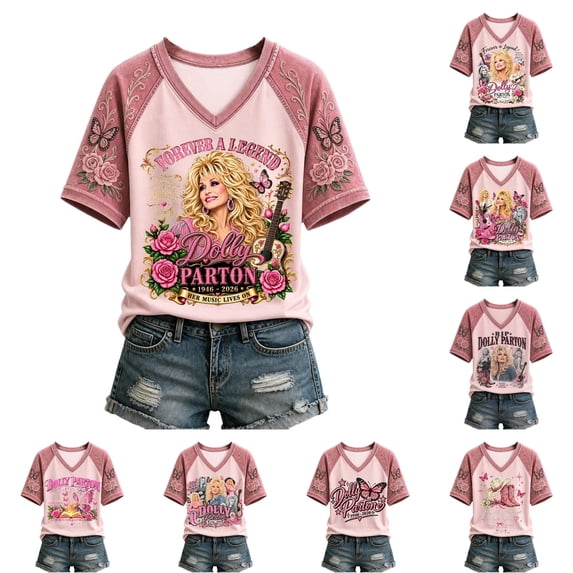 Vintage Dolly Shirt Parton Memorial T-Shirt Women's Graphic Tees Tshirt V-Neck Country Music Shirt Tops for Music Lovers Fashion T Shirts,L