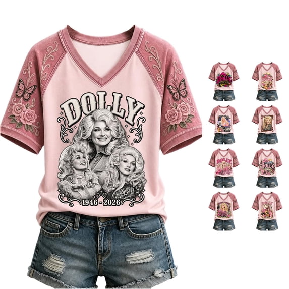 Vintage Dolly Shirt Parton Memorial T-Shirt Women's V-Neck Graphic Tees Tshirt Country Music Shirt Tops for Music Lovers Fashion T Shirts,L