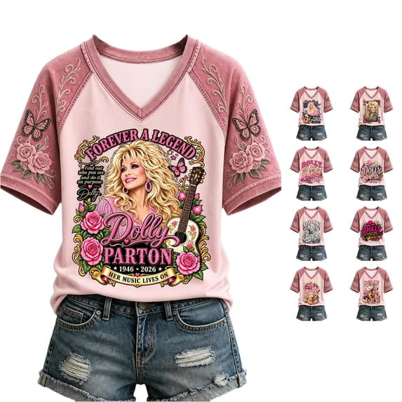 Vintage Dolly Shirt Parton Memorial T-Shirt Women's V-Neck Graphic Tees Tshirt Country Music Shirt Tops for Music Lovers Fashion T Shirts,S