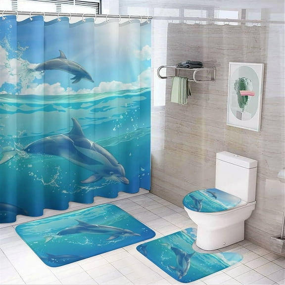 Vintage Dolphin Bathroom Shower Curtain Sets, Animal Jumping Fantasy Sunset Ocean 4PCS Bathroom Sets with Shower Curtain and Rugs, Toilet Lid Cover,Bath Mat, Bathroom Decorations Sets