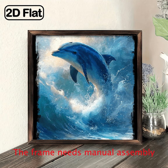 , Vintage Dolphin in Wood Frame - Marine Decor Suitable for Living Room, Bedroom, Office - Framed, Sizes Available, Picture Framing.wooden framed painting