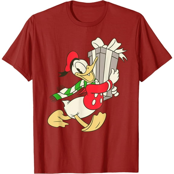 Vintage Donald Duck with Holiday Present DTG Print Unisex T-Shirt,Cardinal Red Color,Size 2T
