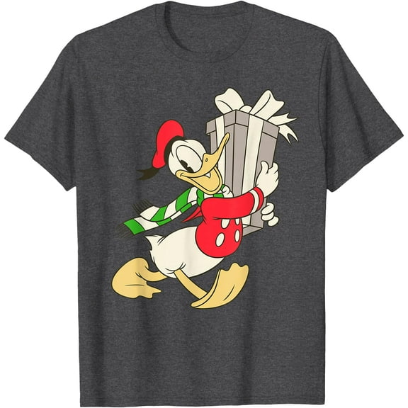 Vintage Donald Duck with Holiday Present DTG Print Unisex T-Shirt,Dark Heather Grey Color,Size L