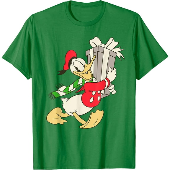 Vintage Donald Duck with Holiday Present DTG Print Unisex T-Shirt,Irish Green Color,Size YXS