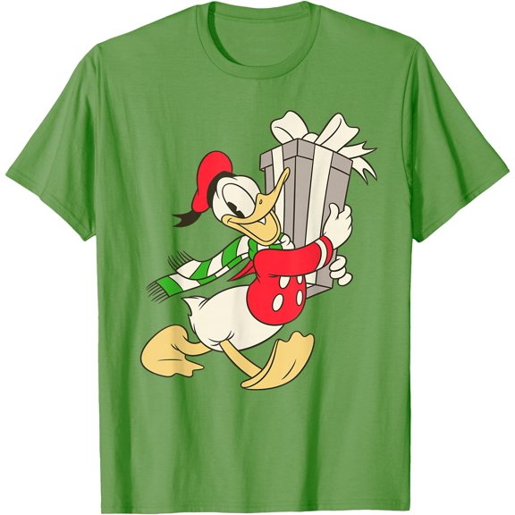 Vintage Donald Duck with Holiday Present DTG Print Unisex T-Shirt,Lime Color,Size L