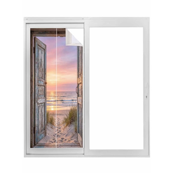 Vintage Door Coastal Window Privacy Film, Sunset Seaside Summer Beach Static Cling UV Sun Blocking Tint Film Heat Control Windows Films for Bedroom Bathroom, Window Stickers 17.7"x39.3"