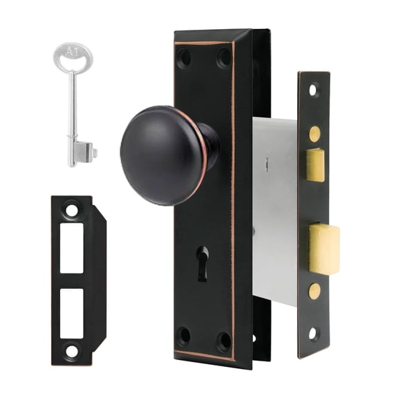 Vintage Door Knob with Lock for Interior Doors Oil Rubbed Bronze, Antique Brass 1 Pack Mortise Lock Set, Old Fashioned Bathroom & Bedroom with Skeleton Key for Old House Doors