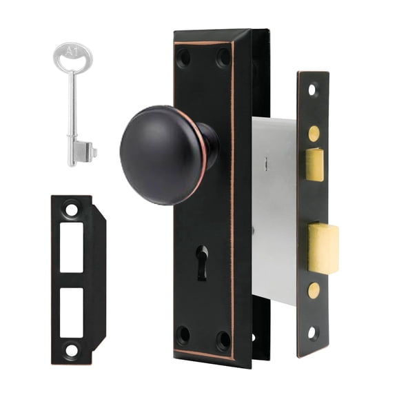 Vintage Door Knob with Lock for Interior Doors Oil Rubbed Bronze, Antique Brass 1 Pack Mortise Lock Set, Old Fashioned Bathroom & Bedroom with Skeleton Key for Old House Doors