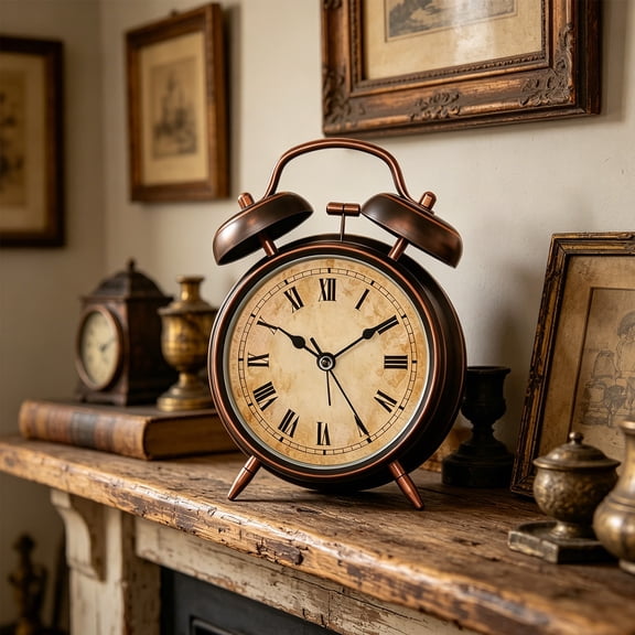Vintage Double Chime Alarm Clock, Loud Alarm for Heavy Sleepers with Silent Non Ticking Quartz Movement, Battery Operated Retro Metal Desk Clock for Bedroom Office Home Decor