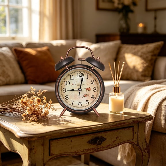 Vintage Double Chime Alarm Clock Silent Non Ticking Metal Desk Clock Loud Alarm Bedroom Office Home Decor Retro Analog Table Clock Heavy Sleepers Nightstand Shelf Gift Vintage Style Home Decor