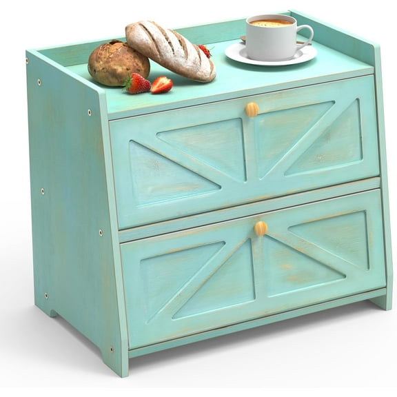 Vintage Double Layer Bread Box for Kitchen Counter Bamboo Bread Storage Container Large Capacity Bread Storage Bin (Antique Blue)