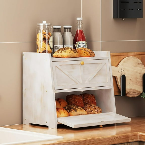 Vintage Double Layer Bread Box for Kitchen Counter Bamboo Bread Storage Container Large Capacity Bread Storage Bin (Antique White)