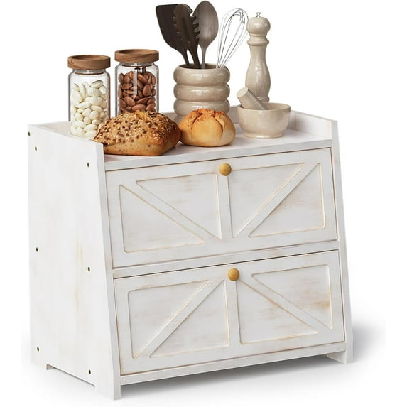 Vintage Double Layer Bread Box for Kitchen Counter Bamboo Bread Storage Container Large Capacity Bread Storage Bin (Antique White)