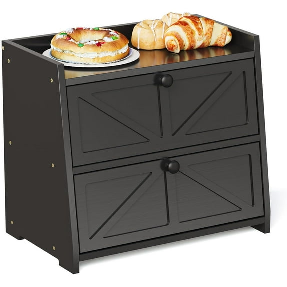 Vintage Double Layer Bread Box for Kitchen Counter Bamboo Bread Storage Container Large Capacity Bread Storage Bin (Black)