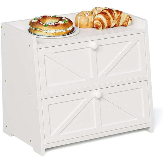 Vintage Double Layer Bread Box for Kitchen Counter Bamboo Bread Storage Container Large Capacity Bread Storage Bin (White)