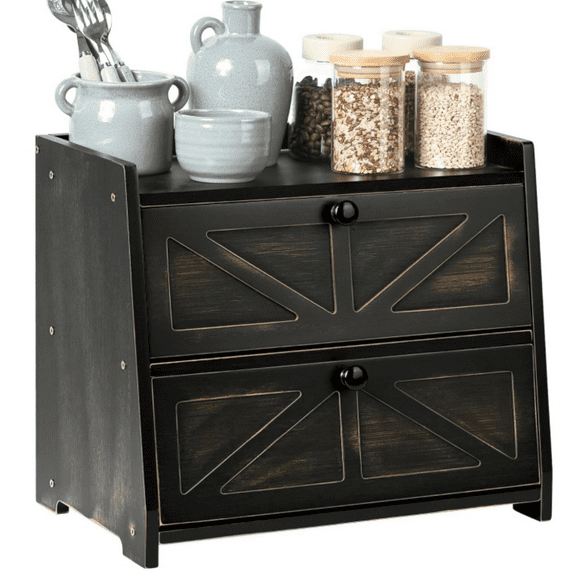 Vintage Double Layer Bread Box for Kitchen Countertop, Bamboo Bread Storage Container, Breadbox for Homemade Bread, Large Capacity Bread Bin(Black)