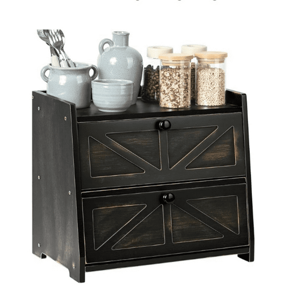 Vintage Double Layer Bread Box for Kitchen Countertop, Bamboo Bread Storage Container, Breadbox for Homemade Bread, Large Capacity Bread Bin(Black)