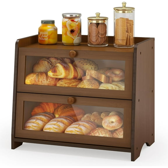 Double Layer Bread Box for Kitchen Countertop, Large Breadbox Bread Buddy with Door, Wooden Farmhouse Bread Holder (Brown)