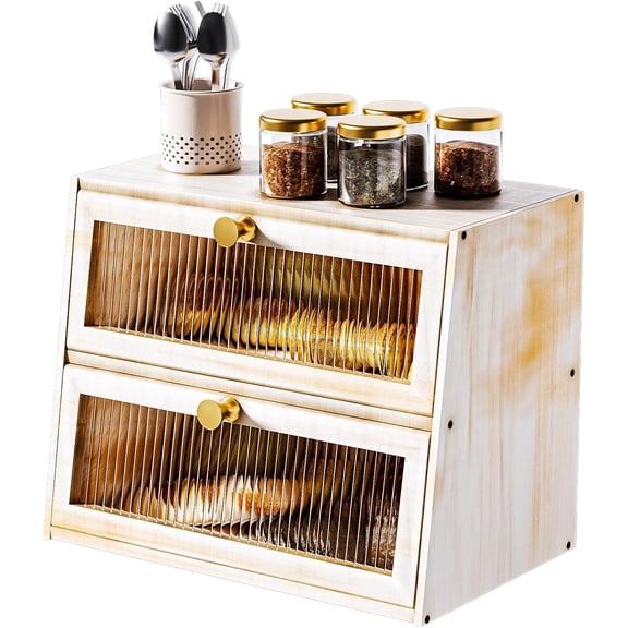 Vintage Double Layer Bread Box for Kitchen Countertop，Large White Bread Boxes Wooden Breadbox Bread Storage Container Bin Bread Holder(Vintage White)