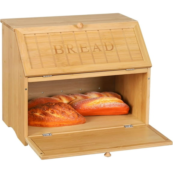 Vintage Double Layer Large Bread Box for Kitchen Counter, Retro Design Wooden Large Capacity Bread Storage Bin (White)