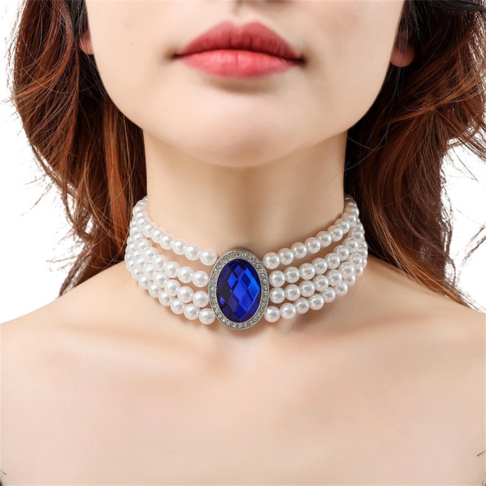 pinyuzog Vintage Double Layered Pearl Choker Necklace Sapphire Pearl Necklace Women Elegant Clavicle Chain Banquet Accessories Gift