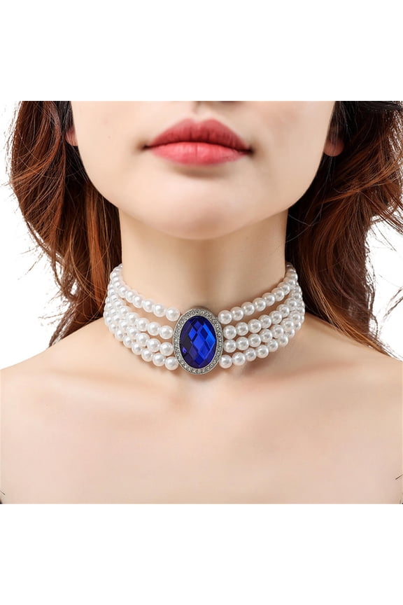 Vintage Double Layered Pearl Choker Necklace Sapphire Pearl Necklace Women Elegant Clavicle Chain Banquet Accessories Gift