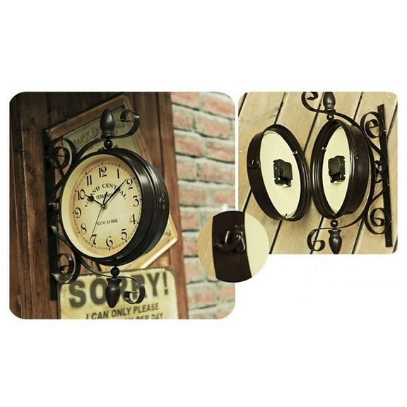 Vintage Double Sided Wall Clock Iron Silent Clock Art Clock Decorative Double Faced Wall Clock 360 Degree Rotate Antique Wall Clock