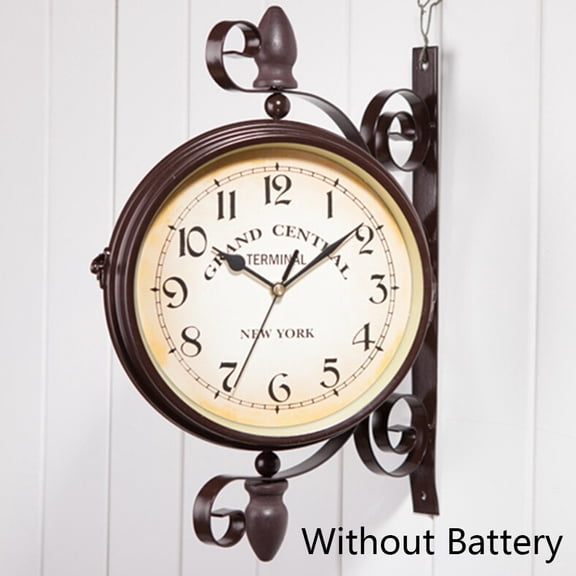 Vintage Double Sided Wall Clock Wrought Iron Train Station Style 8 Inch Silent Quartz Round Antique Parchment Face Easy Read Battery Operated For Living Room Corridor