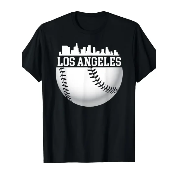 Vintage Downtown LA Baseball Graphic T-Shirt - Black Retro LA Skyline Tee, Soft Stretch Cotton Shirt for Men & Women, Casual Everyday & Sports Events Apparel (Sizes S-XXXL