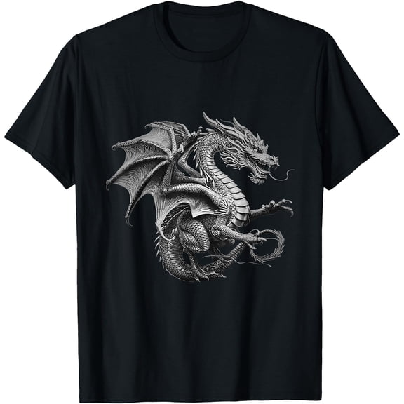 Vintage Dragon Art Silver Dragon Design Unisex T-Shirt for Men Women Kids Toddler,Black Color,Size L