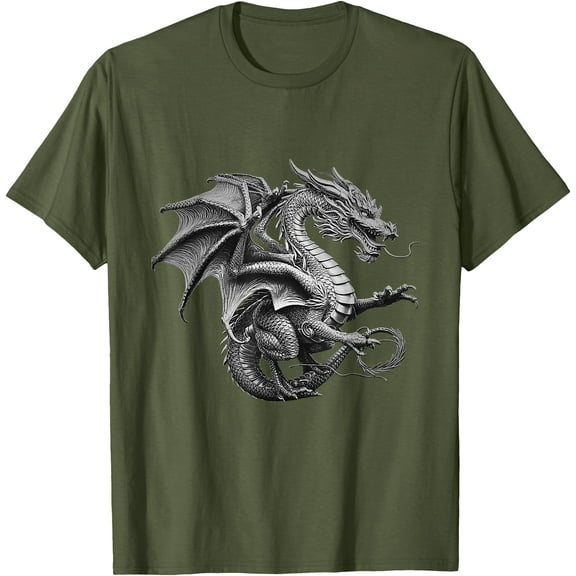 Vintage Dragon Art Silver Dragon Design Unisex T-Shirt for Men Women Kids Toddler,Military Green Color,Size XL