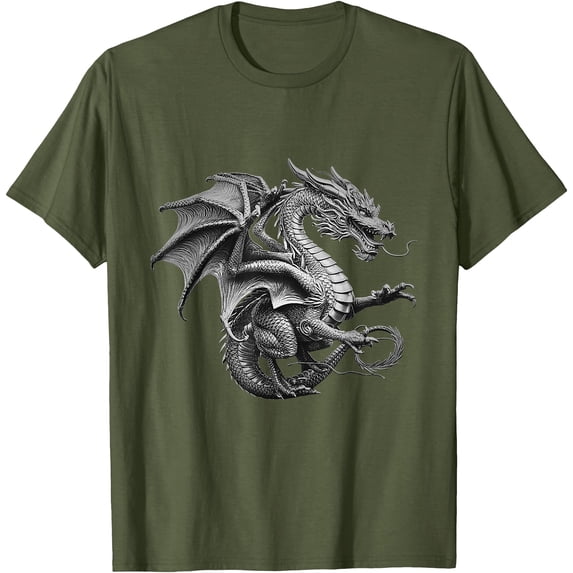 Vintage Dragon Art Silver Dragon Design Unisex T-Shirt for Men Women Kids Toddler,Military Green Color,Size YS