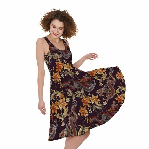 Vintage Dragon Flower Pattern Print Sleeveless Knee Length Dress, Dragons Fashion Summer Maxi Dress For Women.