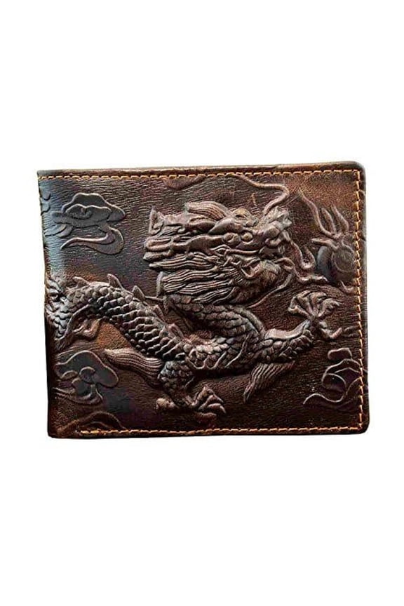 Vintage Dragon Genuine Leather Bifold slim Card Holder Money Clip Wallet Purse