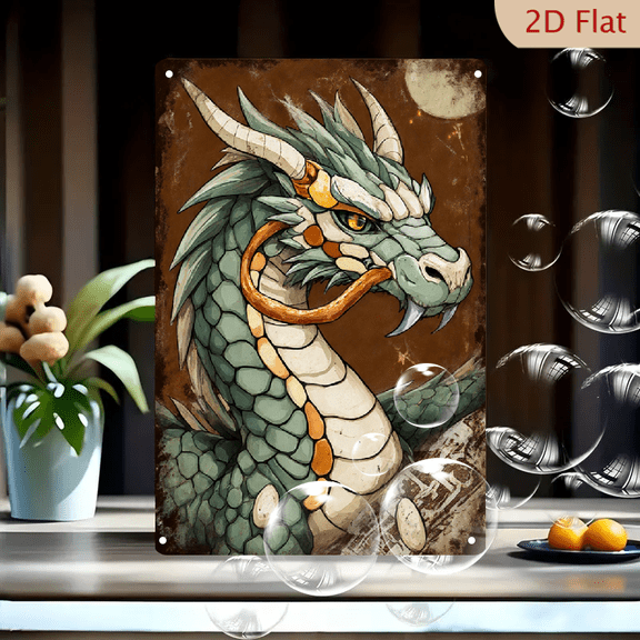 Vintage Dragon Head Poster Wall Art, 8x12 Inches Metal Tin Sign, Pale Green Teal Fierce Dragon with Moon Background, Retro Distressed Texture Decorative Home Office Wall Hanging for Man Cave Garage